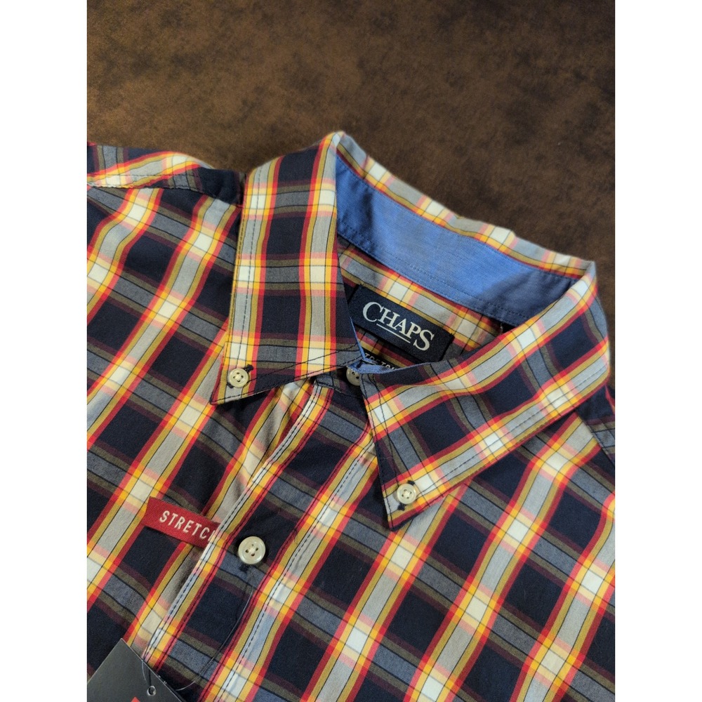 Chaps Mens Large Tall LT Plaid Button Down Shirt Navy Orange Stretch Easy Care